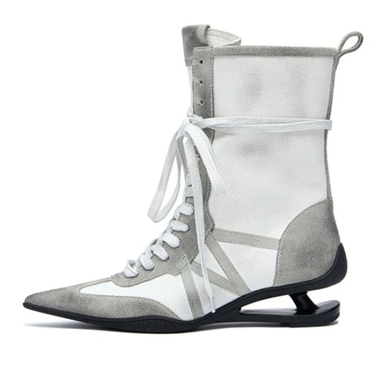 Pointed Toe Cross-tied Designer Women Boots Warm Strange Heel Retro Ankle Boots Zip Street Style Fashion High Short Boots Female