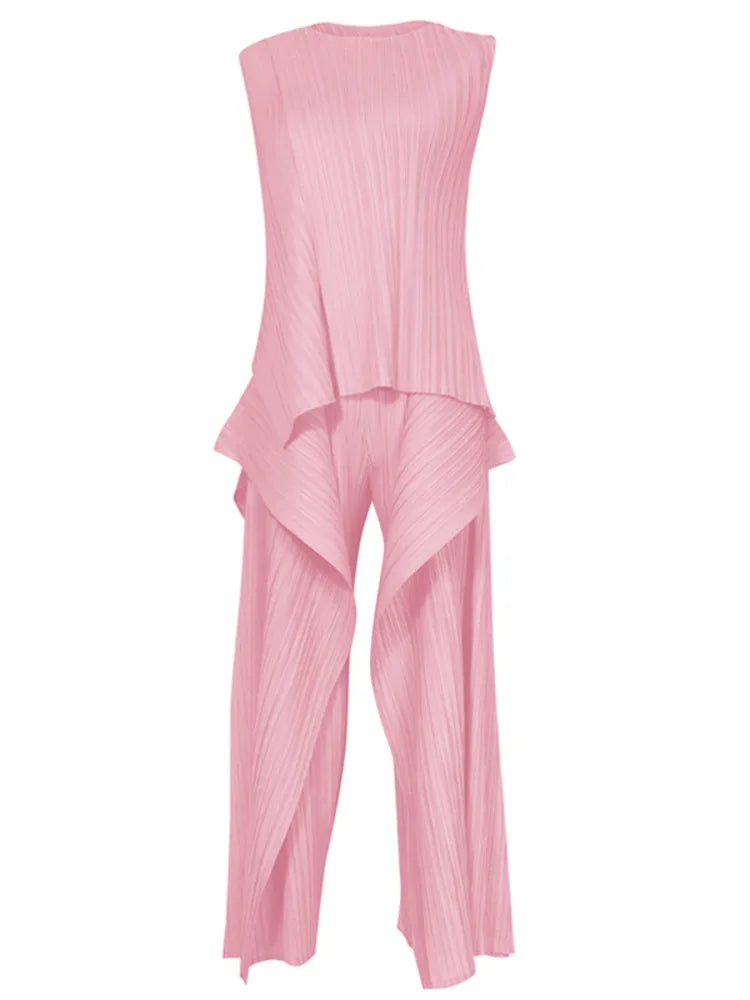 Miyake Irregular Designer Pleated Two Pieces Set Women Sleeveless Elegant Top Wide Leg Loose Trousers Summer Lady Clothing