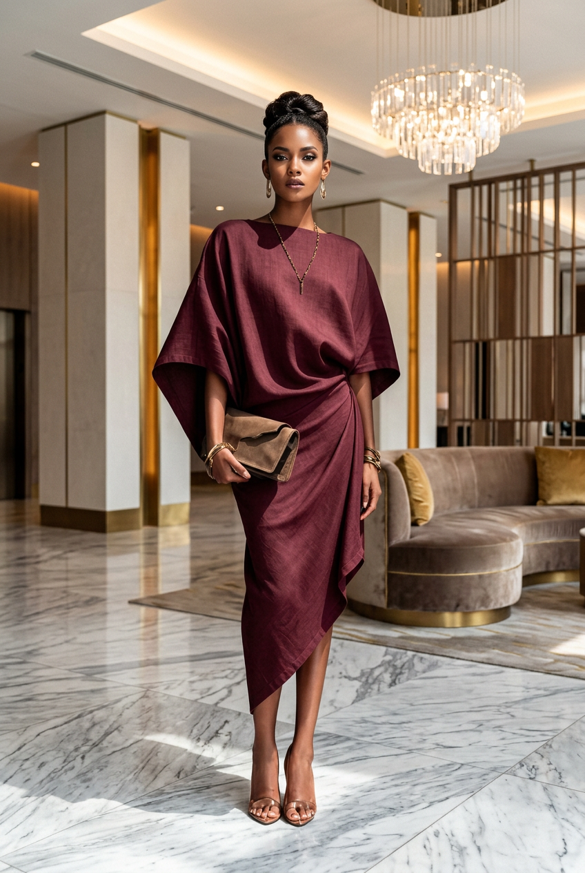 AFANADOR Elegant Women Linen Dress Batwing Sleeve Draped Wrap Design Asymmetrical Midi Dress Loose Fit Summer Office Evening Party Outfit