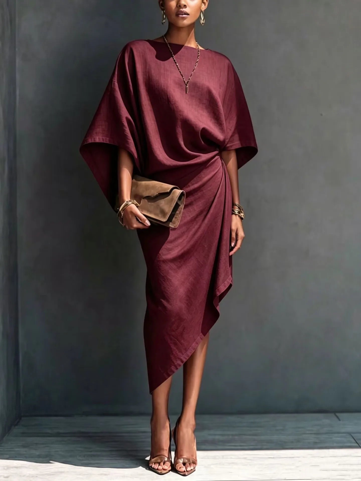 Elegant Women Linen Dress Batwing Sleeve Draped Wrap Design Asymmetrical Midi Dress Loose Fit Summer Office Evening Party Outfit