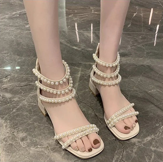 Pearl with Medium Heels Summer 2025 Women's Shoes Sandals for Woman Square Footwear Black Comfort Anti Slip Hot Vip The Best H F