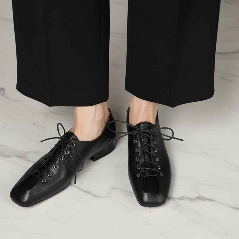 Soft Pumps Women Square Toe Lace Up Young Lady Casual Pumps For Students Low leather heels Heels Shoes
