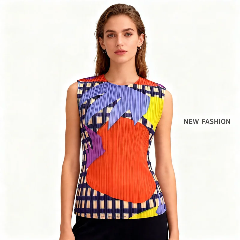 Miyake Pleated Sleeveless Vest Women's Spring and Summer New Contrast Color Geometric Print Loose Casual Fashion Round Neck Top