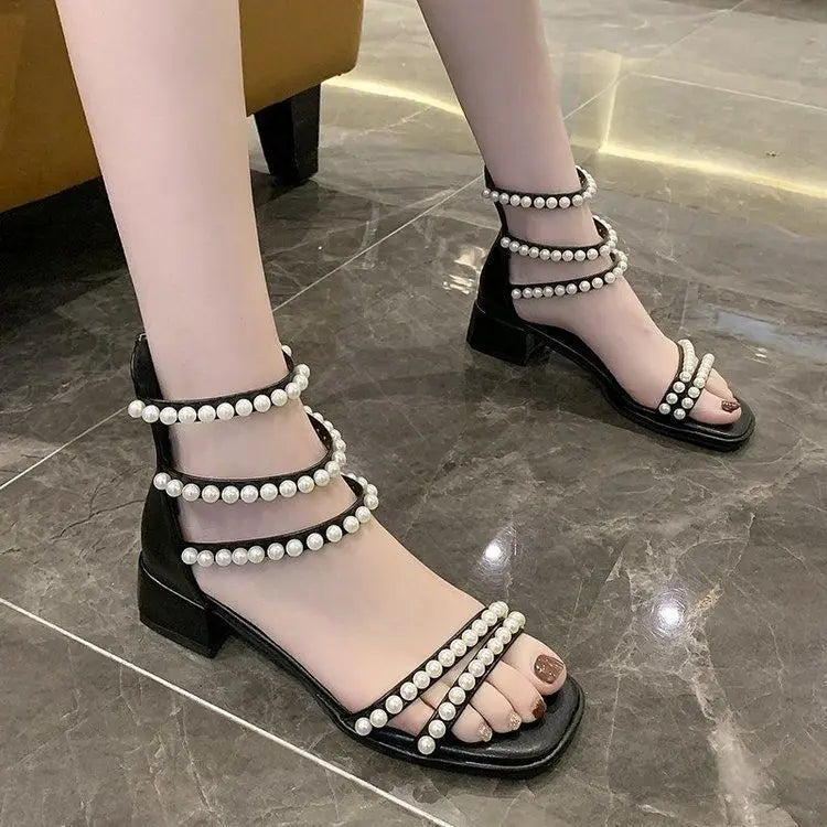 Pearl with Medium Heels Summer 2025 Women's Shoes Sandals for Woman Square Footwear Black Comfort Anti Slip Hot Vip The Best H F