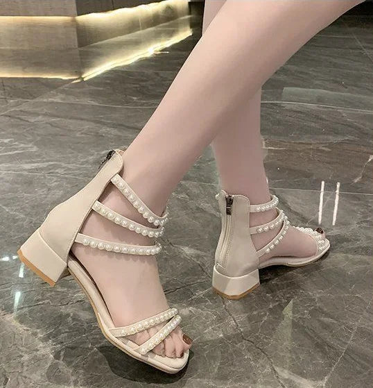 Pearl with Medium Heels Summer 2025 Women's Shoes Sandals for Woman Square Footwear Black Comfort Anti Slip Hot Vip The Best H F