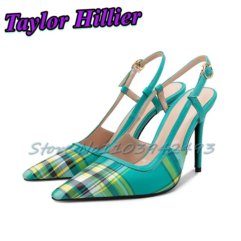Patchwork Gingham Blue Heels Shallow Heeled Sandals Women Luxury Designer Shoes Summer Yellow Red Purple Buckle Strap Yellow New