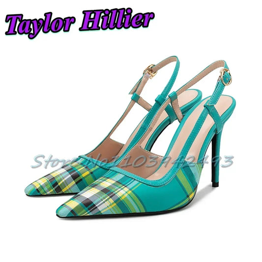 Patchwork Gingham Blue Heels Shallow Heeled Sandals Women Luxury Designer Shoes Summer Yellow Red Purple Buckle Strap Yellow New