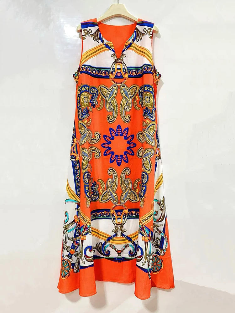 2026 Summer Women's Clothing Retro Geometric Print V-neck Pullover Sleeveless Dress Fashion Loose Large Size A-Line Tank Top
