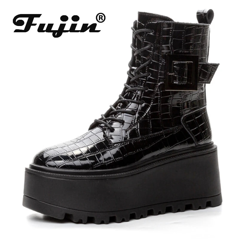 Fujin 8cm New Women Combat Boots Ankle Booties Platform Sneakers Spring Autumn Warm Fur Winter Genuine Leather Women Shoes Boot