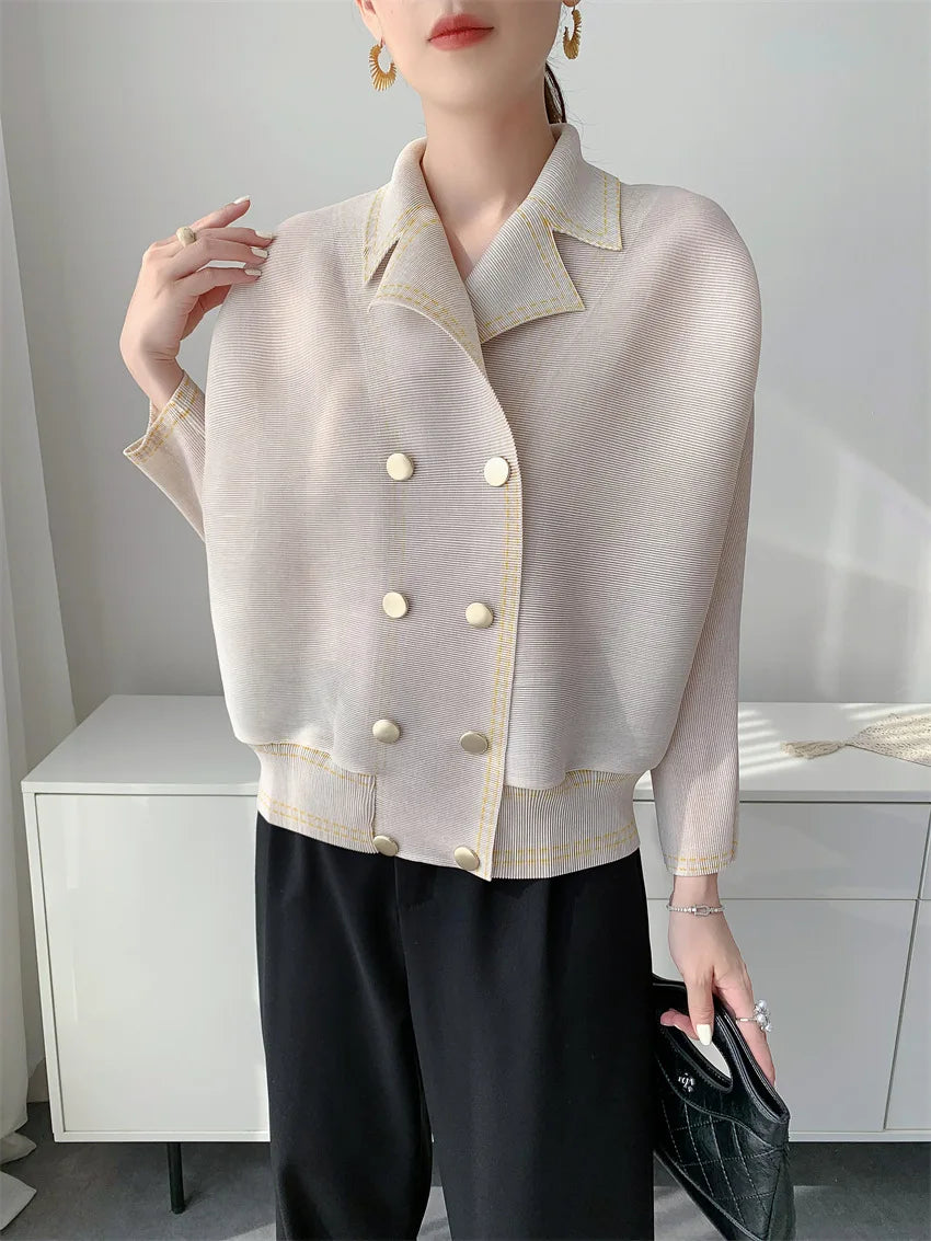 Miyake Women's Early‑Autumn Toothpick‑Texture Pleated Jacket, Relaxed‑Vibe Casual Outerwear, Slim‑Fitting Draping Commuter Top