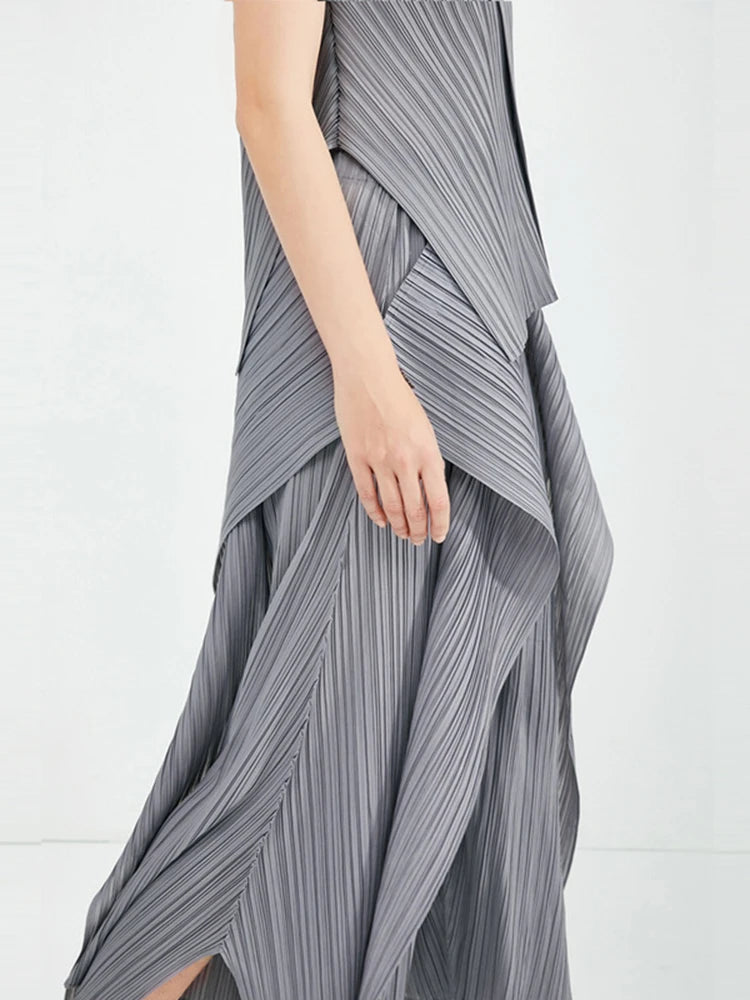 Miyake Irregular Designer Pleated Two Pieces Set Women Sleeveless Elegant Top Wide Leg Loose Trousers Summer Lady Clothing