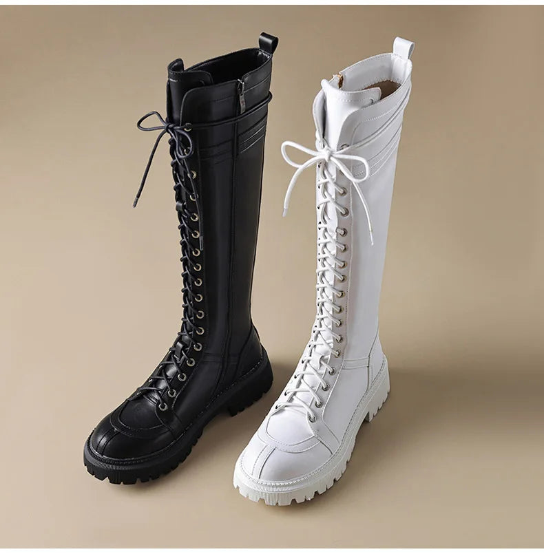 Ods Genuine Leather Women's High Knee Boots Winter Shoes Sexy Lace Up Black White Low Heels Party Shoes Girls Large Size 414243