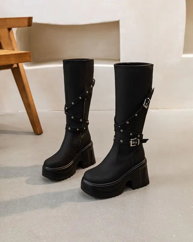 Fujin 10cm Microfiber Women Boots British Boots ZIP Synthetic Leather Ankle Spring Platform Wedge Knee High Fashion Autumn Shoes