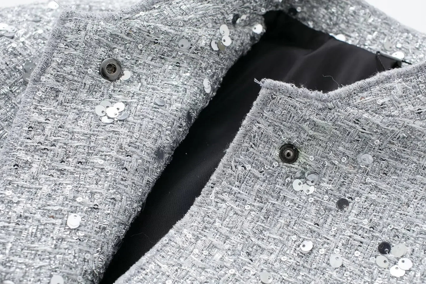 Women's Sequined Bomber Jacket Fall New Round Neck Long Sleeve Pocket Stretch Hem Sequins Jacket Coat Female Chic Outerwear