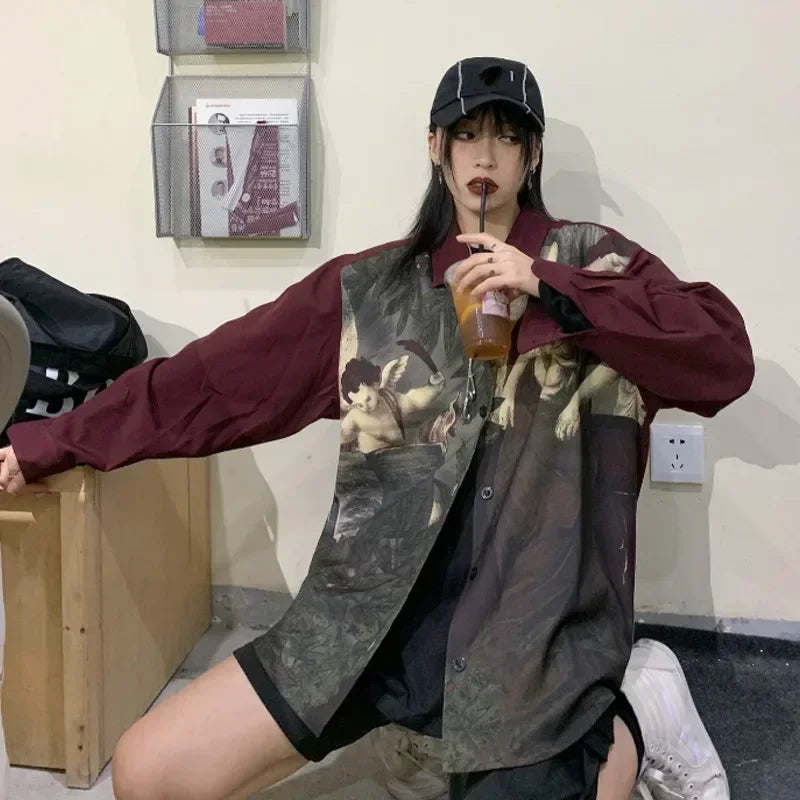Vintage Blouse Shirt Japanese Clothes Oversized Blusas Fashion Print Women Blouses Long Sleeve Oversized Tops Men Clothes Blusas