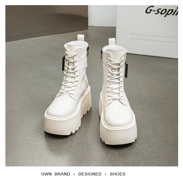 Fujin 8cm New Women Combat Boots Ankle Booties Platform Sneakers Spring Autumn Warm Fur Winter Genuine Leather Women Shoes Boot