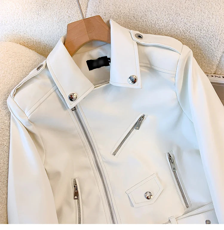 Blue PU leather jacket for women's spring autumn short Street style 2025 new retro motorcycle Leather Coat top