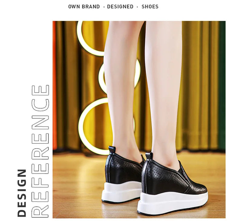 10cm Microfiber Platform Heel Wedge Shoe Sneakers Pumps White Platform Air Mesh Hollow Pumps Shoes Summer Women Zapatos de Mujer