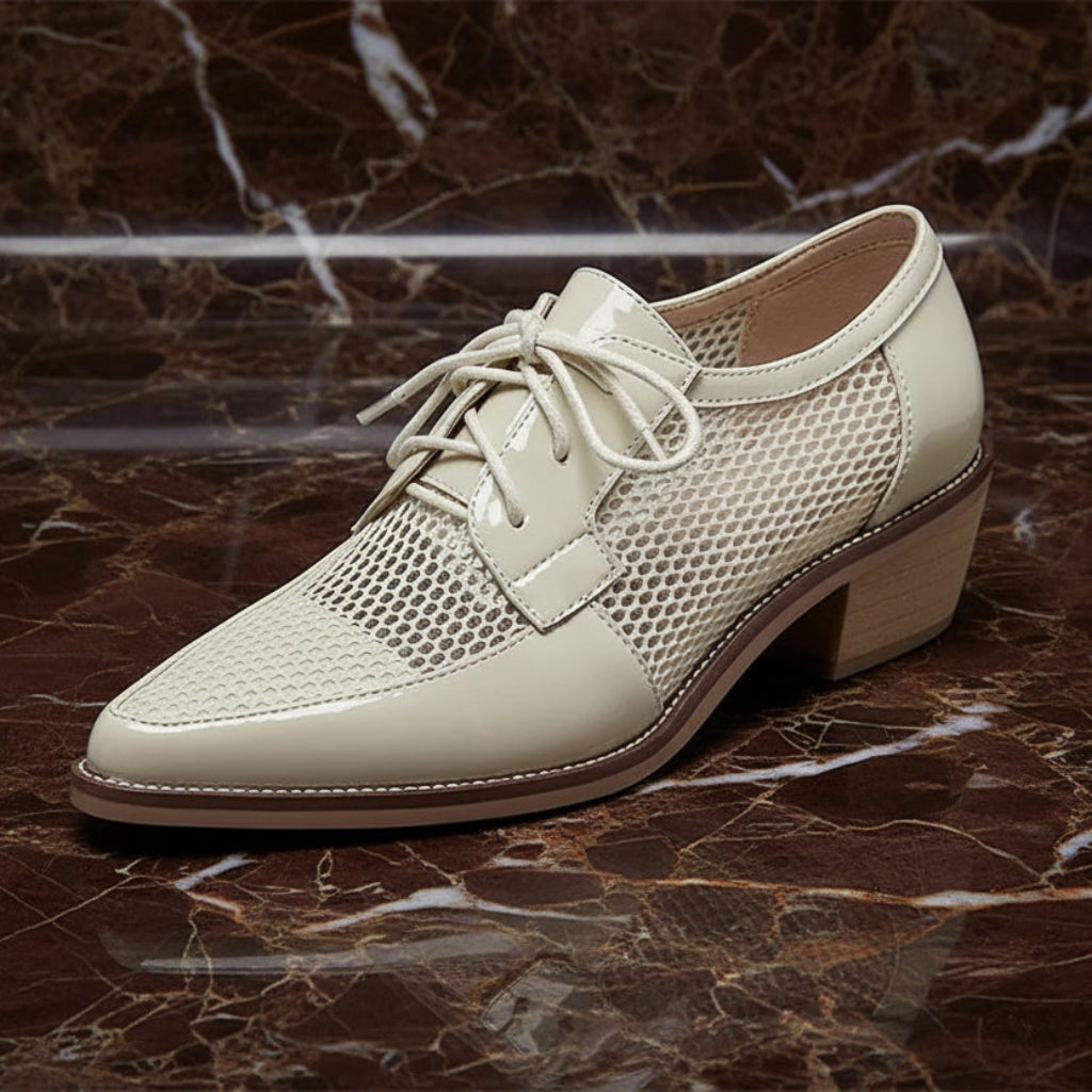 Spring Summer Genuine Leather Mesh Pumps Women Pointed Toe Lace Up Med Thick Heels Breathable Office Ladies Shoes 2025