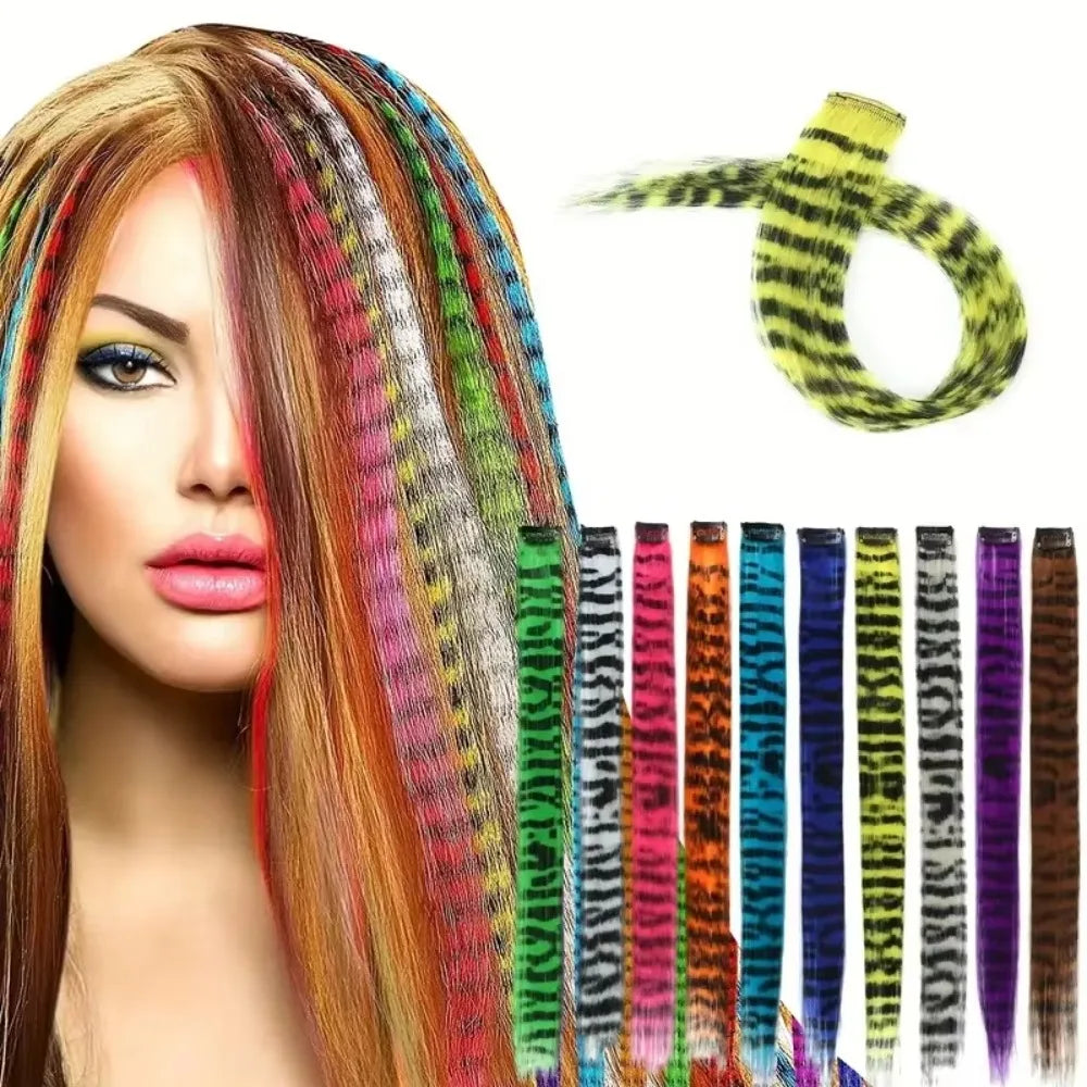 Stripe Printed Clip in Hair Extensions Synthetic Straight Hair Highlights Colorful 18 Inches Wig Hairpieces for Daily Use Party
