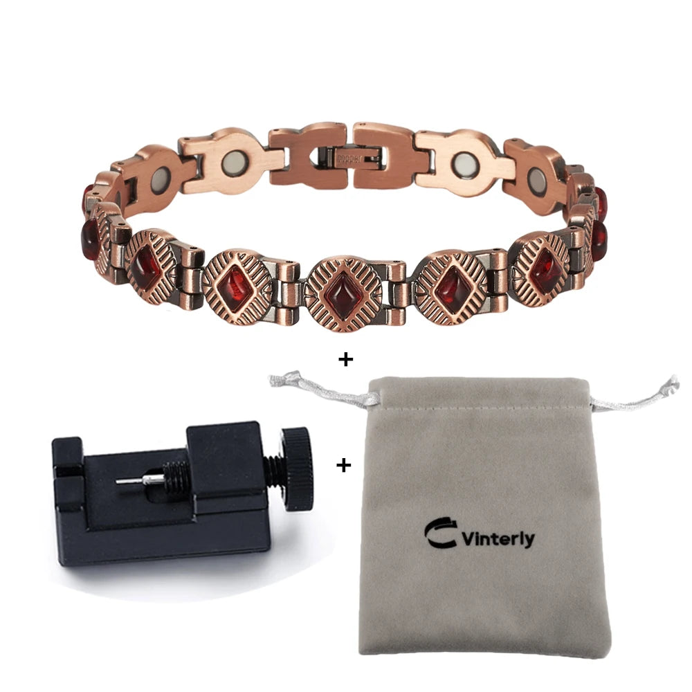 Vinterly Magnetic Bracelets Pure Copper Blue Brown Stone 22.5cm Vintage Health Energy High Magnet Jewelry Benefits Chain Links