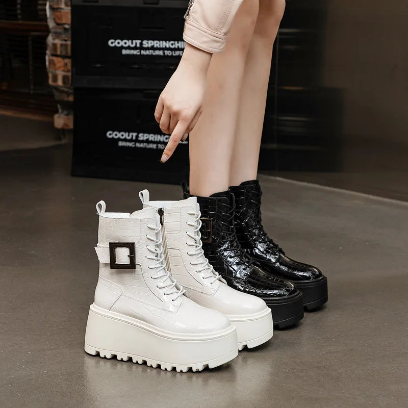 Fujin 8cm New Women Combat Boots Ankle Booties Platform Sneakers Spring Autumn Warm Fur Winter Genuine Leather Women Shoes Boot