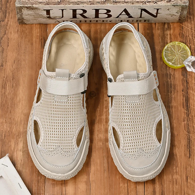 Brand Mesh Leather Men Summer Loafers Breathable Driving Shoes Moccasins Hollow Out Male Cool Lazy Shoe Leisure Walk Men Sandals