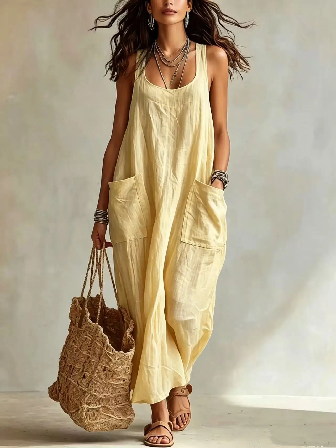 Women's Cotton Linen Square Neck Maxi Dress with Pockets Spaghetti Strap Sleeveless Loose Vacation Beach Long Sundress S-2XL