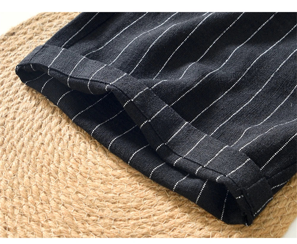 Summer cotton linen men's beach shorts loose fit breathable ramie striped straight daily causal pants for men