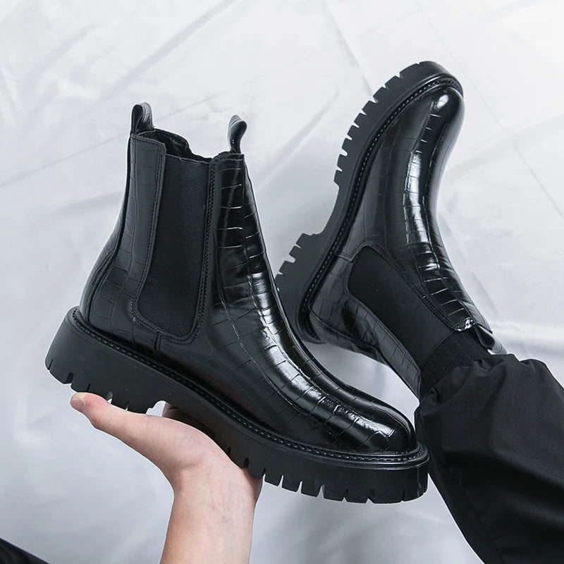 2025 Fashion Brand Men's Comfortable Fit Thick Soled Chimney Boots Autumn New High Top Chelsea Boots Plus Large Workwear Boots