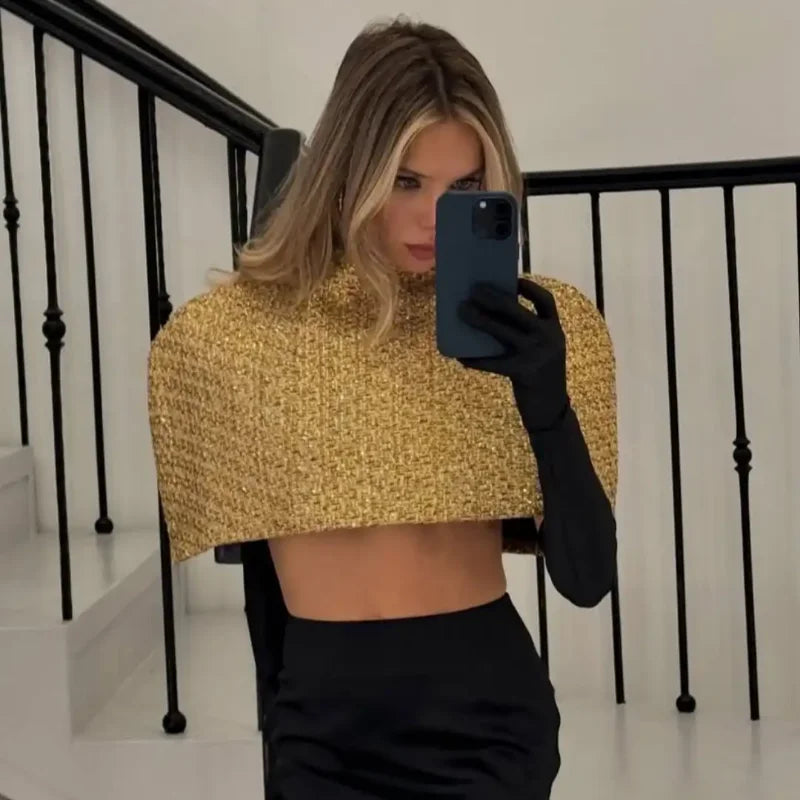 Elegant Chic Gold Sparkle Capelet Top Shiny Tweed Shoulder Wrap Turtleneck Short Cloak New Lady Evening Club Party Tops 2026