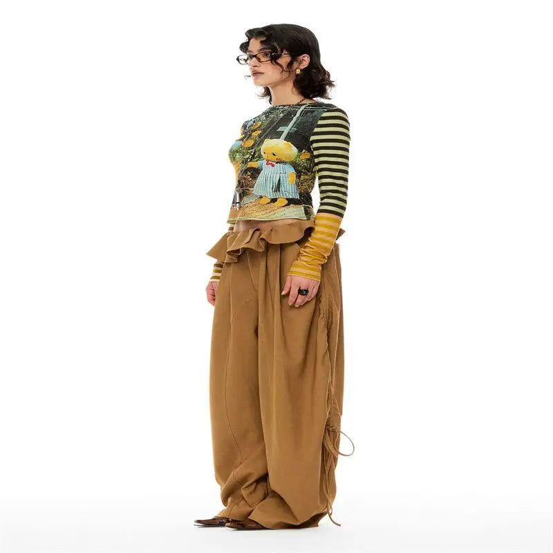 HOUZHOU Y2K Striped Graphic Juminocore Women T-Shirts Harajuku Kawaii Long Sleeve Japanese 2000s Style Tees Slim Cute Aesthetic