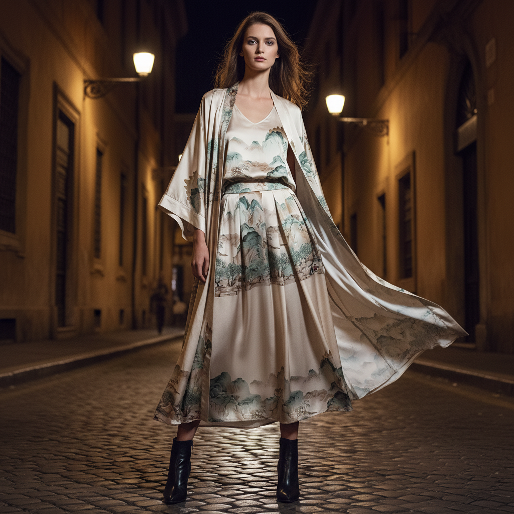 Retro positioning printed long cardigan+vest three piece set 2026 spring women's clothing+loose pants skirt fashion set