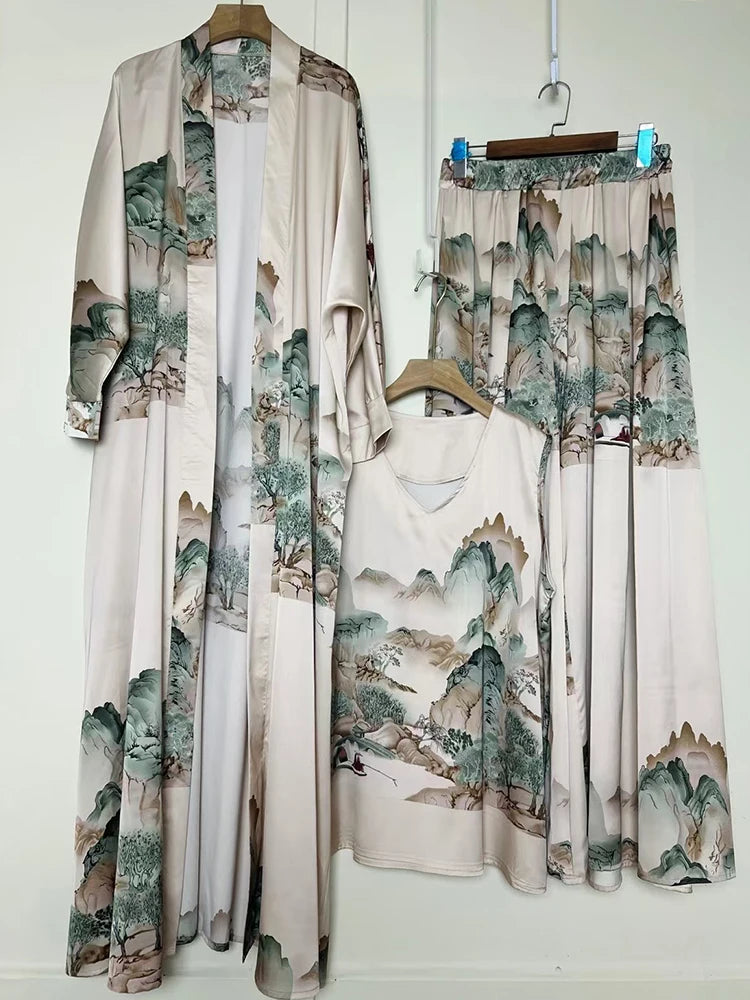 Retro positioning printed long cardigan+vest three piece set 2026 spring women's clothing+loose pants skirt fashion set