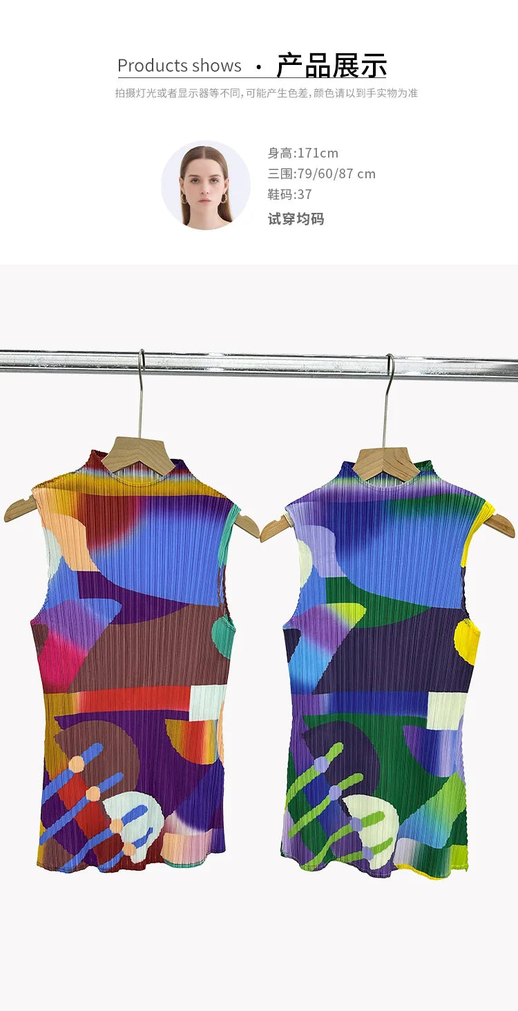 Miyake Pleated Geometric Playground Printed High-neck Sleeveless Top