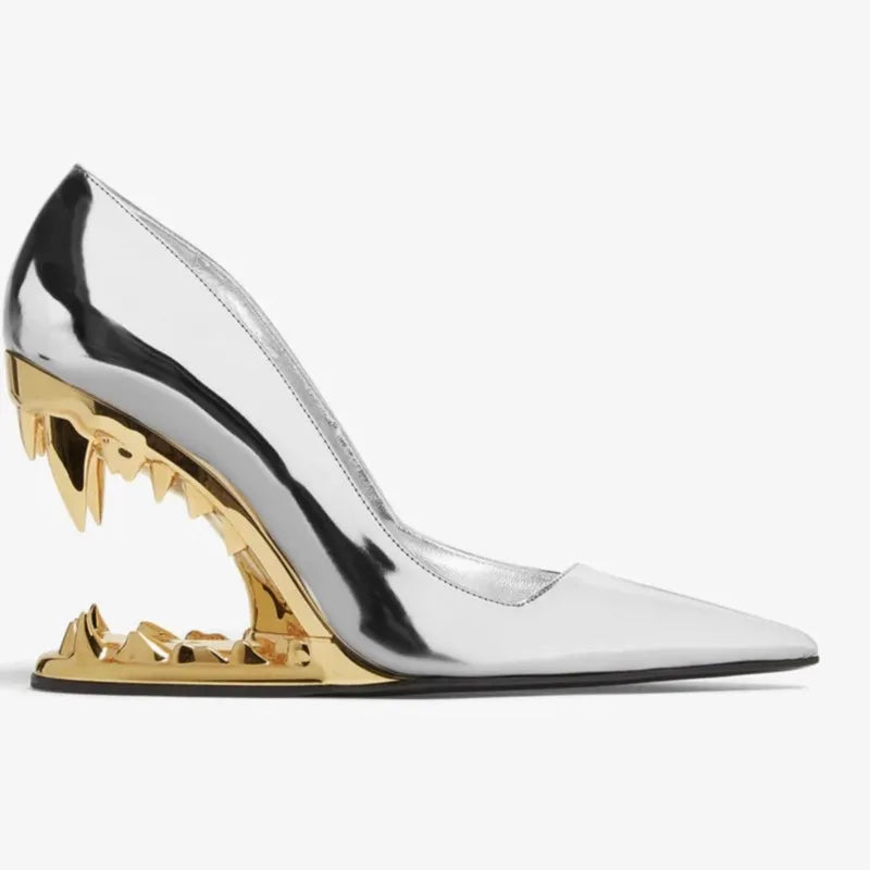 Sexy Pointy Toe Super High Heel Pumps Women Metal Tiger Tooth Heel Runway Pumps Lady Fashion Show Shoes Night Club