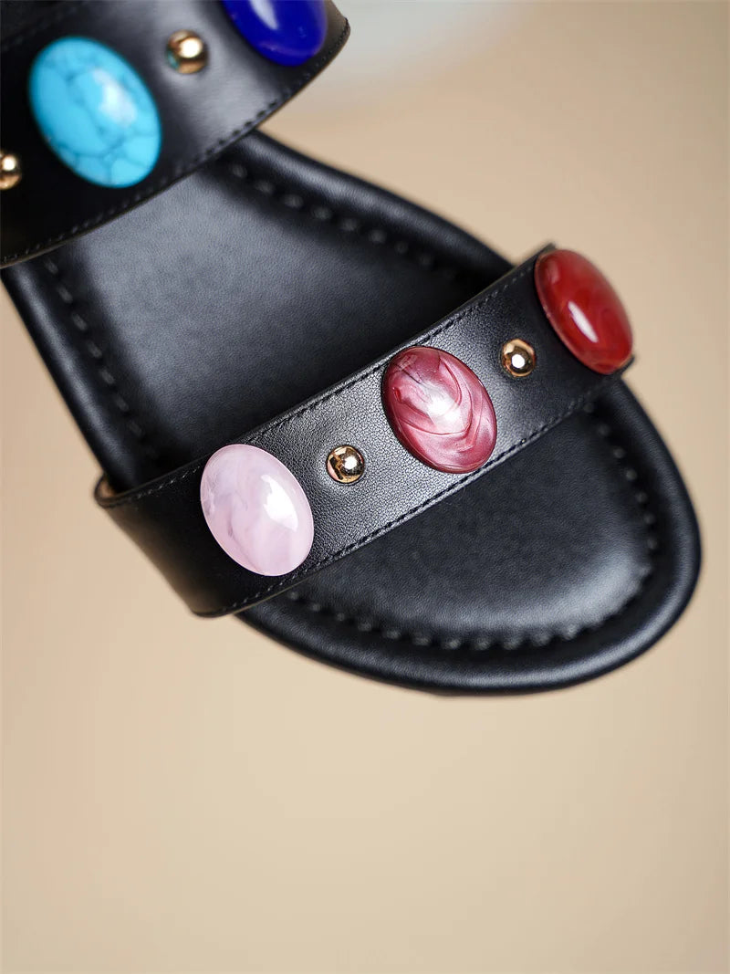 Dilalula Genuine Leather Bohemia Style Casual Slippers Women Peep Toe Low Heel Colorful Stone Decoration Slides Female Beach