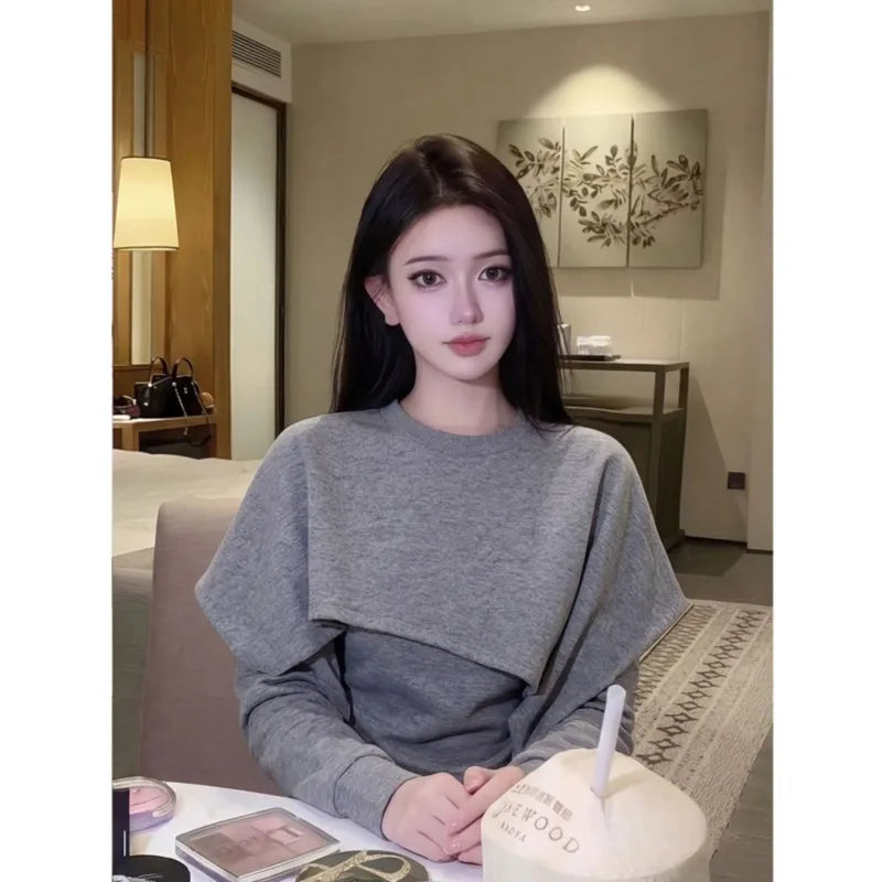 Limiguyue Spring Autumn Gray Pullover Shirts Women Daily Trendy Splice Long Sleeve Tops Loose Irregular Blouse Designer 180B