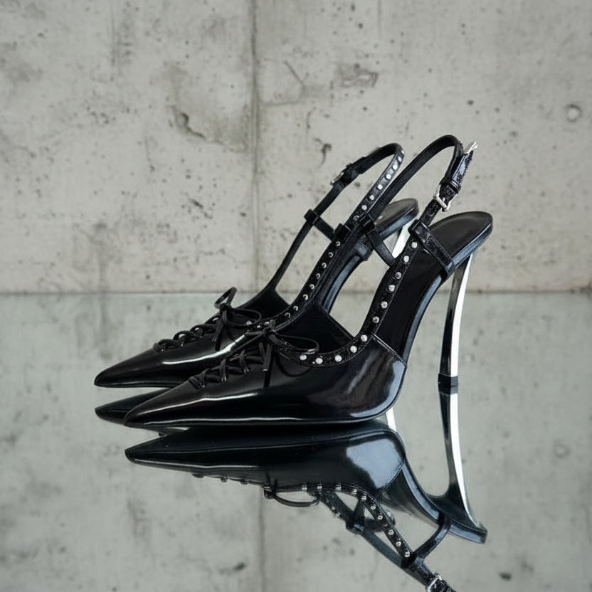 Patent Leather Rivet Women Pumps Elegant Pointed toe Lace-up Office Lady Slingbacks High heels Party Shoes 2026 Summer Fashion