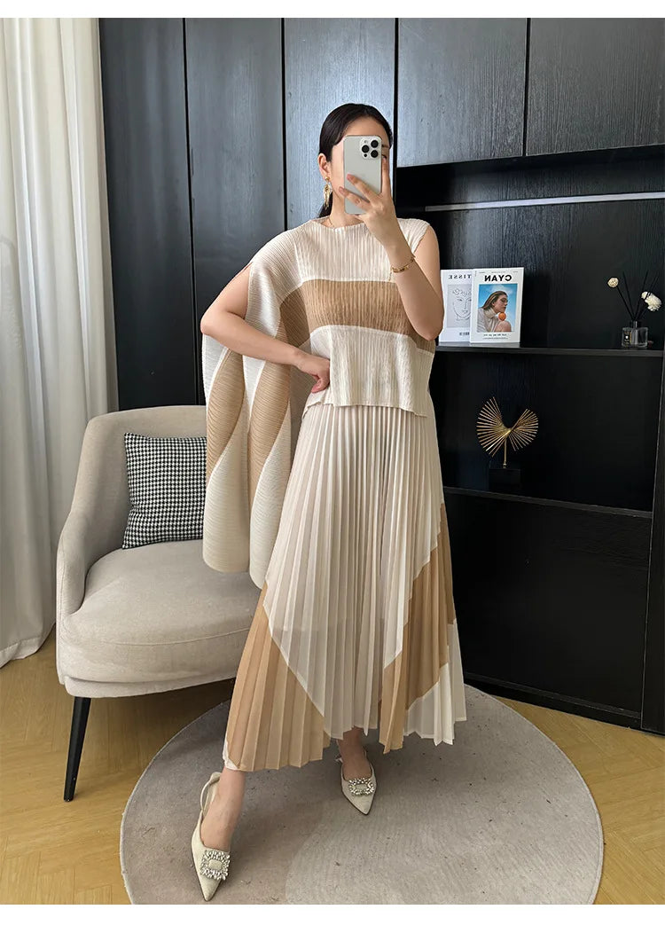 Miyake Pleated Two Piece Skirt Sets Women Sleeveless Irregular T-shirt Long Contrasting Color Skirt
