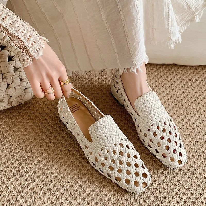 Hot Sale Genuine Leather Braided Sandals Women Low Heel Breathable Summer Loafers Sandals Female Leisure Sandals