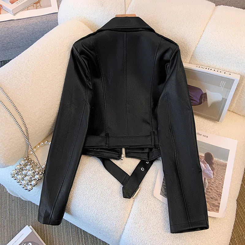 Blue PU leather jacket for women's spring autumn short Street style 2025 new retro motorcycle Leather Coat top