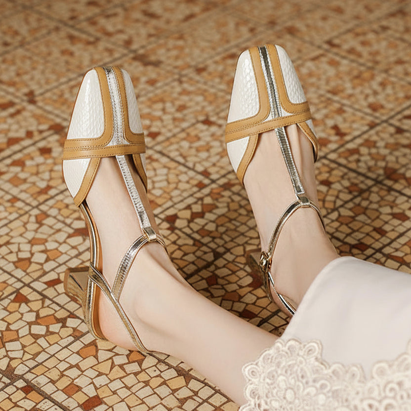 Dilalula 2025 Summer French Style T-Strap Genuine Leather Sandals Women Covered Toe High Heels Mixed Color Party Dating Sandals