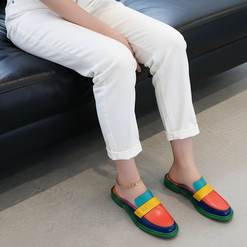 Spring Summer 2026 New Genuine Leather Slippers Women Mixed Color Covered Toe Fashion Mules Ladies Low Heels Slippers
