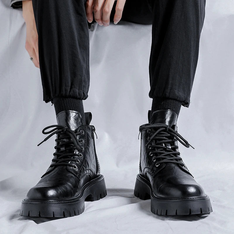 New Fashion Lace Up Casual Mens Boots Mens Thick Sole Ankle Boots Trendy Comfortable Mens Classic Black/Brown Motorcycle Boots
