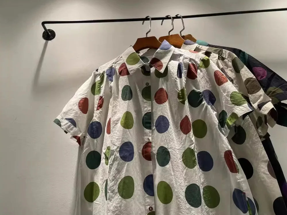 Fall clothes 2025 women Japan style pure cotton short sleeve polka dot print dress for women summer Hawaii long shirt dress