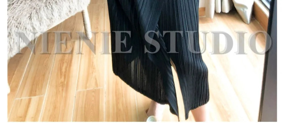 Miyake Pleated Skirt High Waist One Button Stitching Long Asymmetrical Skirt Two Piece Straight Korea Fashion Aesthetic Clothes
