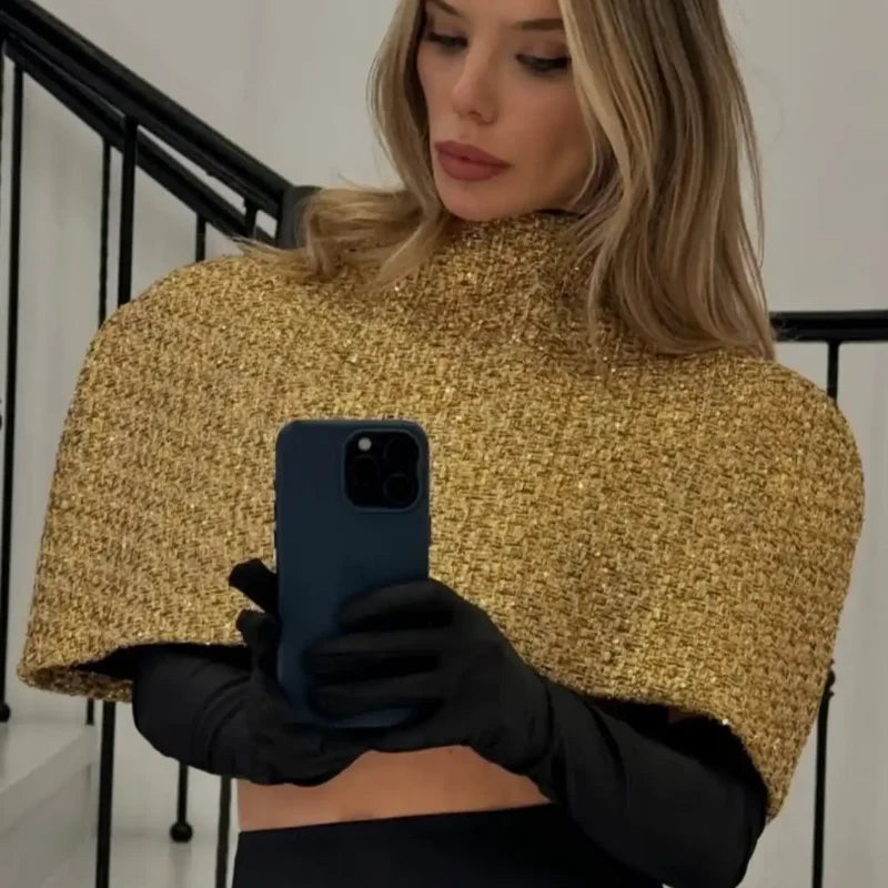 Elegant Chic Gold Sparkle Capelet Top Shiny Tweed Shoulder Wrap Turtleneck Short Cloak New Lady Evening Club Party Tops 2026