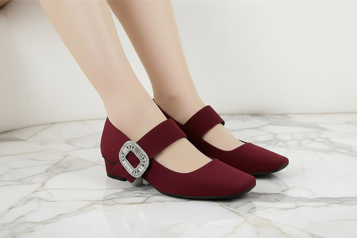 European American Style Banquet Suede With One Strap Marie Zhen Rhinestone Thick Heel Low Heel Square Toe Single Women Shoes