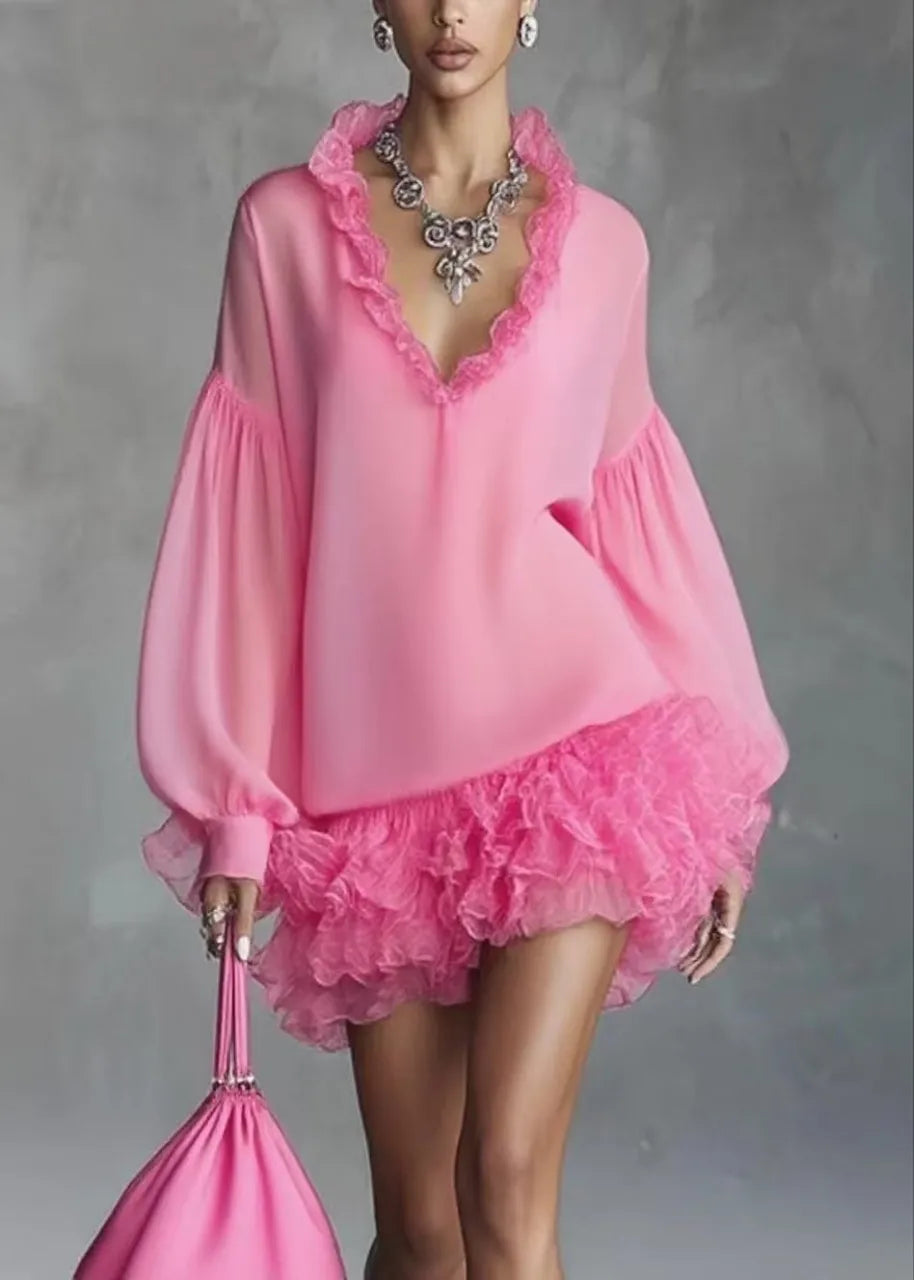 Women Satin Silk Mini Dress Ruffle Lace Trim Deep V Neck Lantern Long Sleeve Loose Dress Elegant Luxury Date Party Dresses